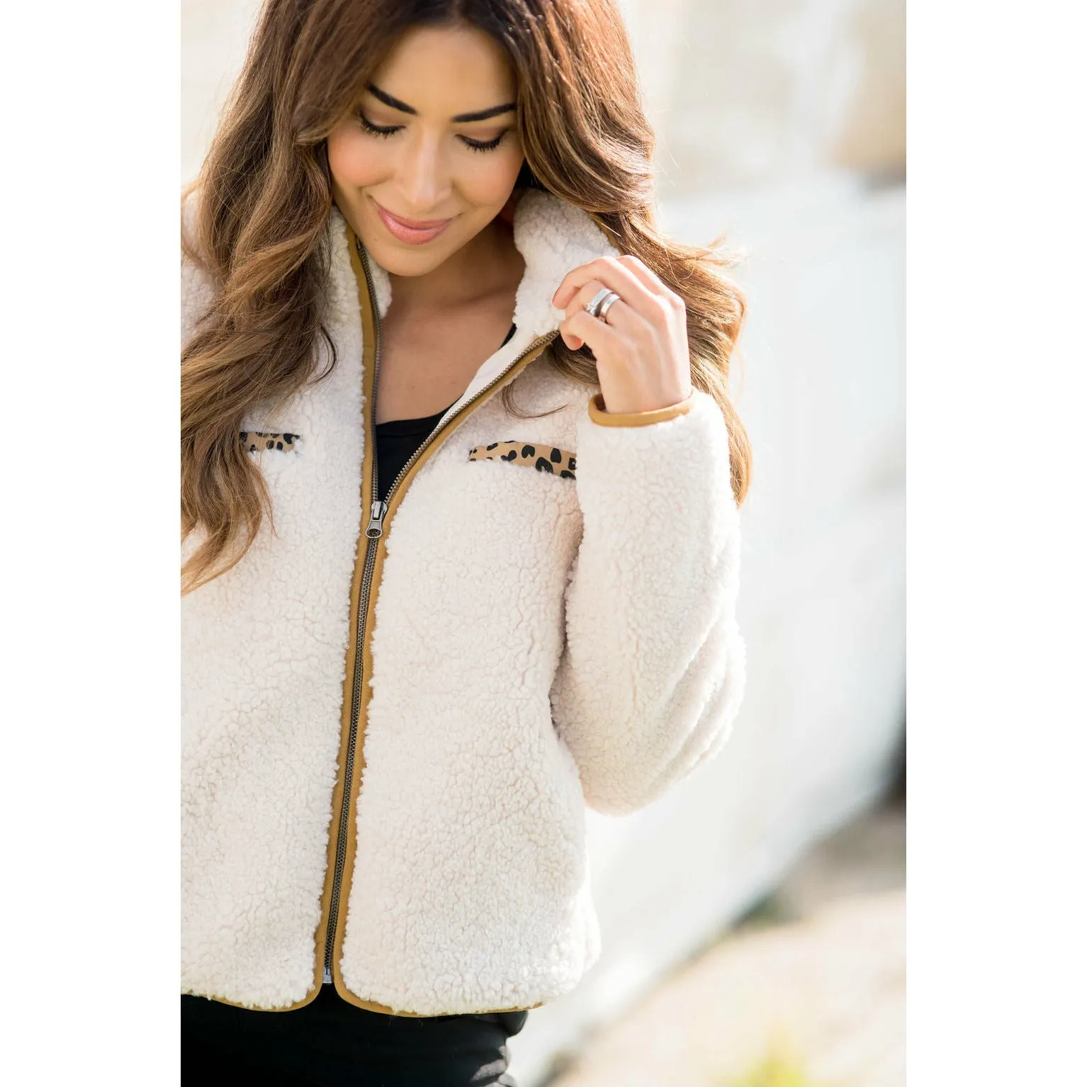 Leopard Accented Pocket Sherpa Jacket