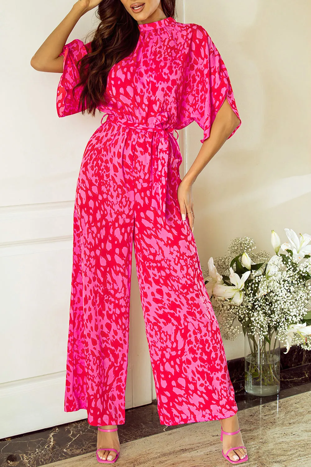 Leopard Kimono Sleeve Belted Jumpsuit