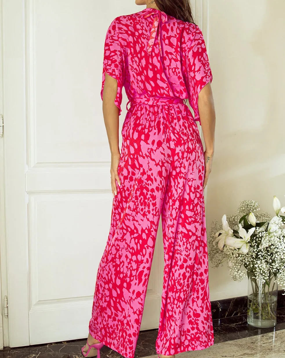 Leopard Kimono Sleeve Belted Jumpsuit