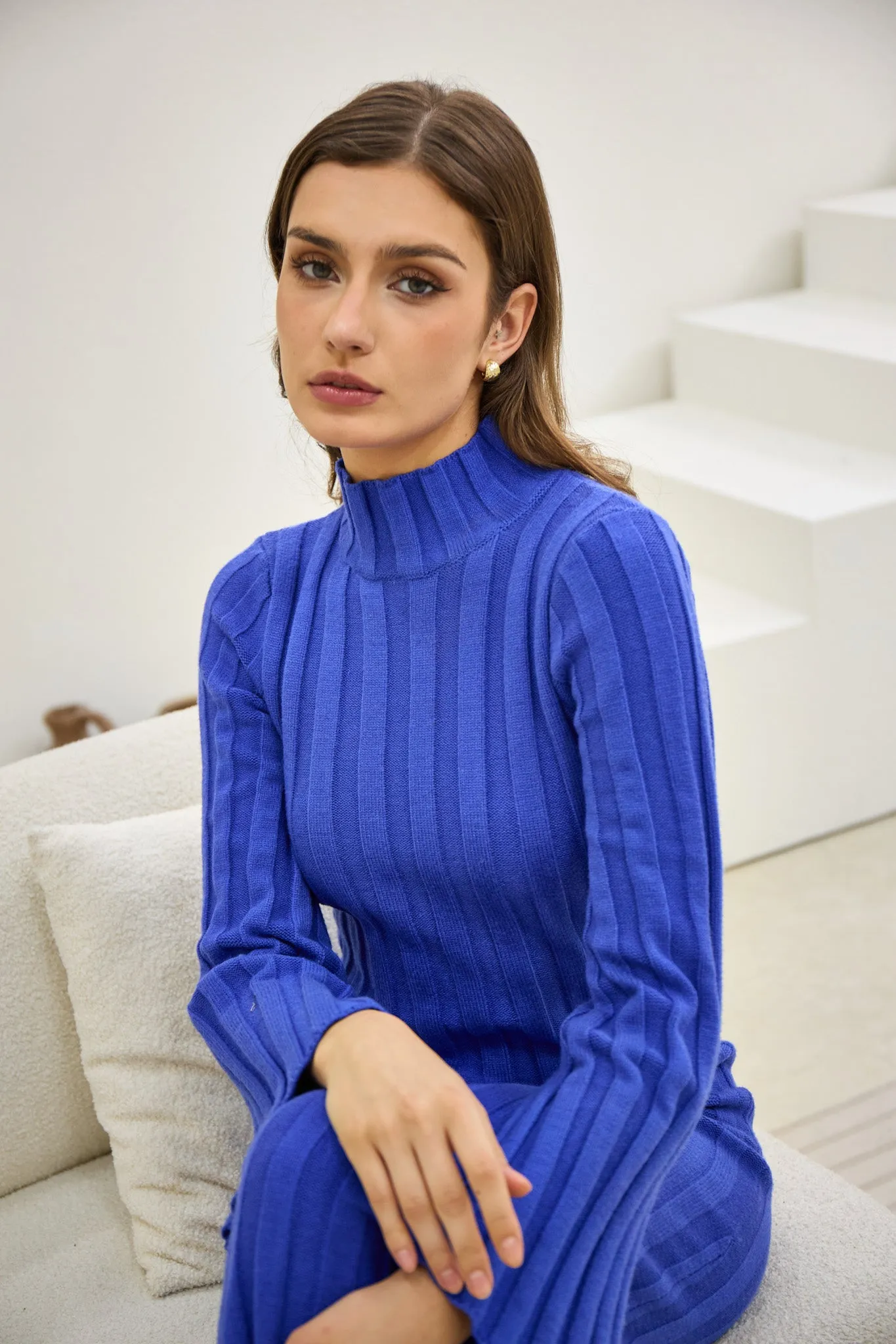 Lexi Blue Flute Sleeve Knit Midi Dress