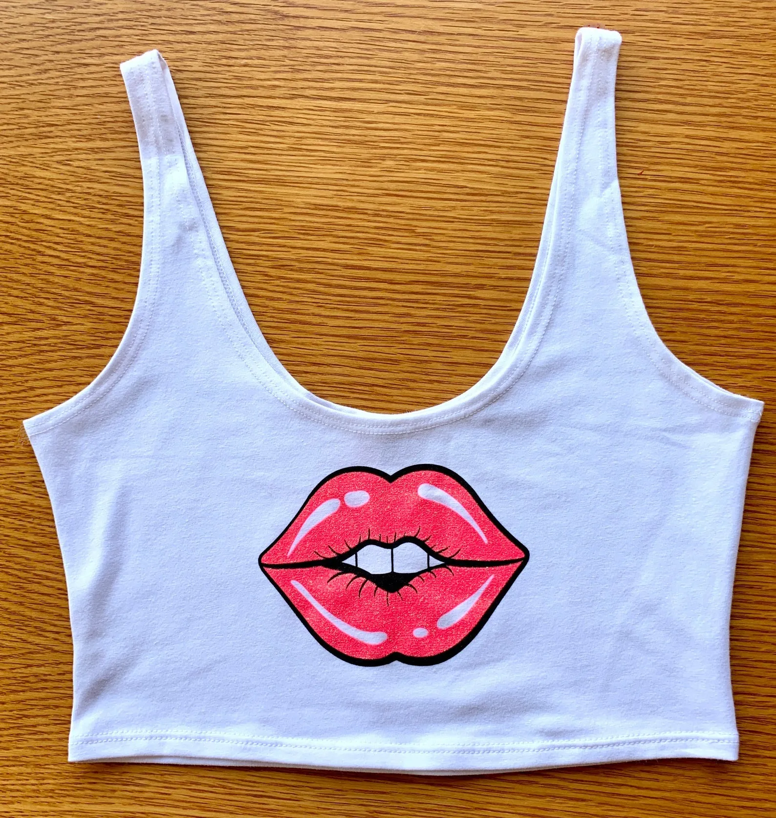 Lips Crop Tank in White with Neon Pink Lips