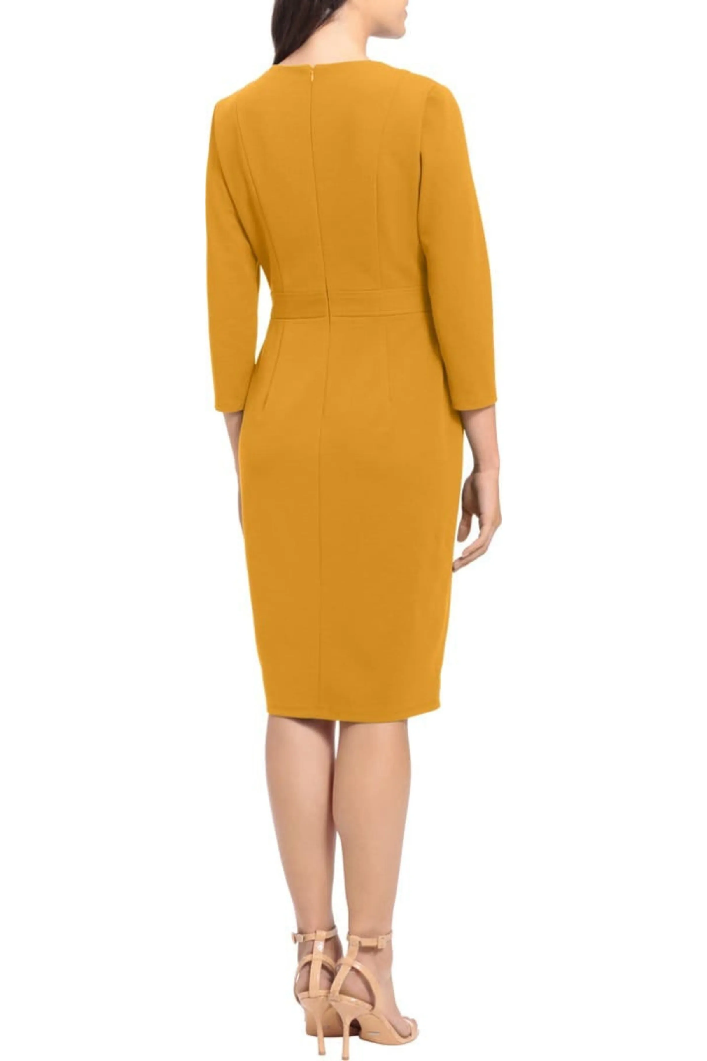 London Times Crew Neck 3/4 Sleeve Bodycon Button Adorned Waist Band Solid Scuba Crepe Dress