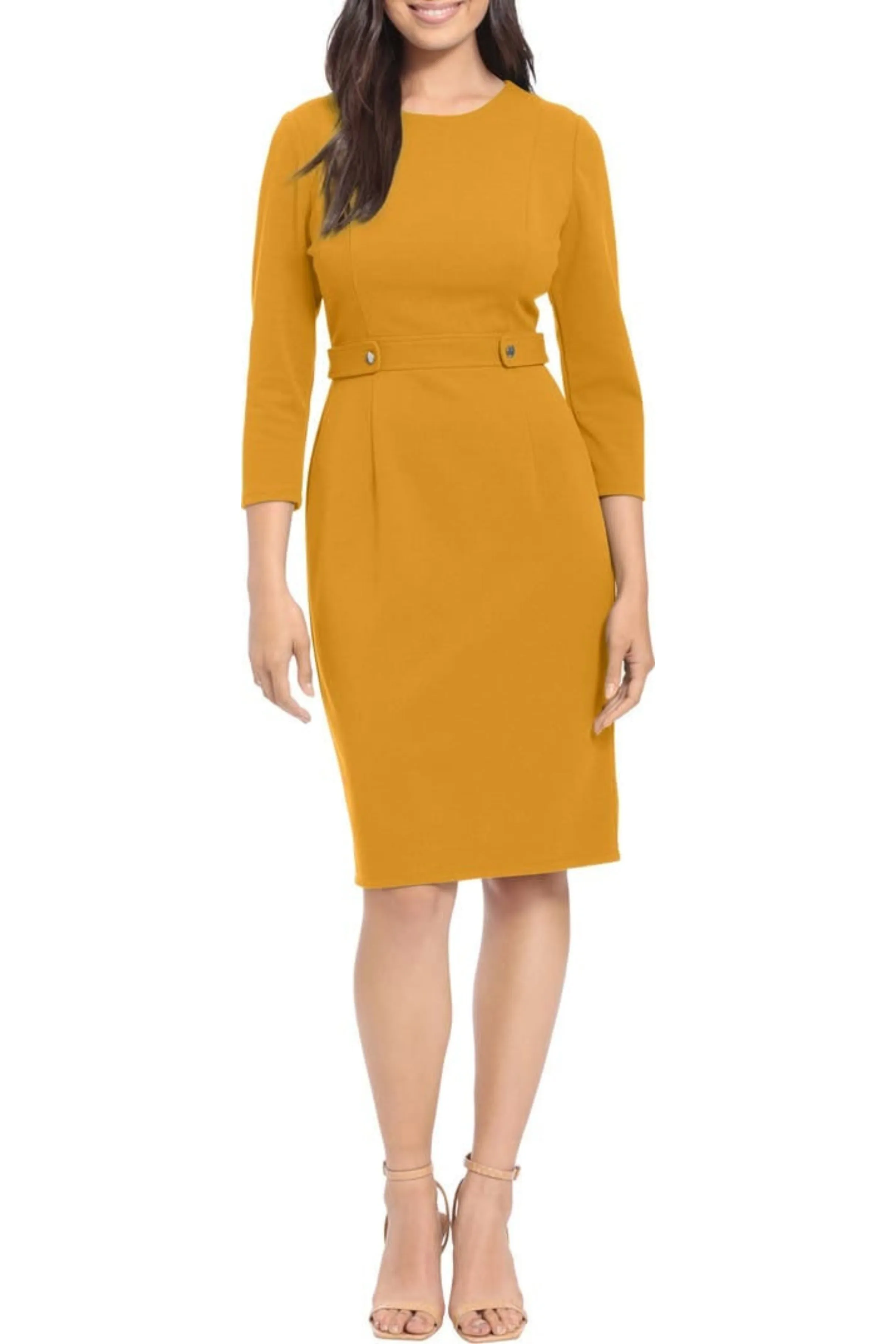 London Times Crew Neck 3/4 Sleeve Bodycon Button Adorned Waist Band Solid Scuba Crepe Dress