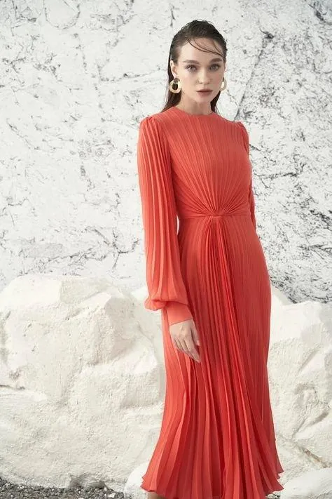 Long sleeve pleated midi dress- Ales