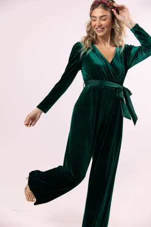 Love You Snow Much Evergreen Velvet Belted Jumpsuit