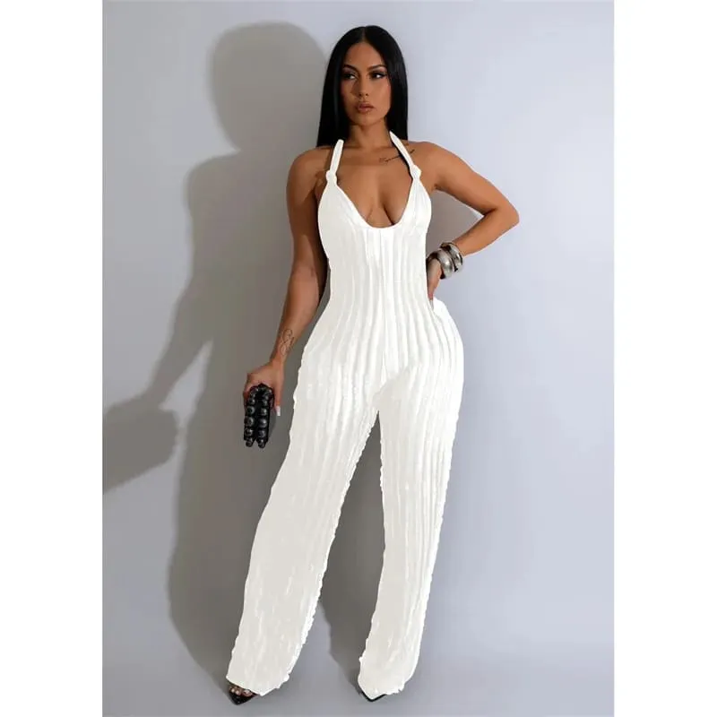 Low Cut Backless Mesh Stripe Jumpsuit in Black