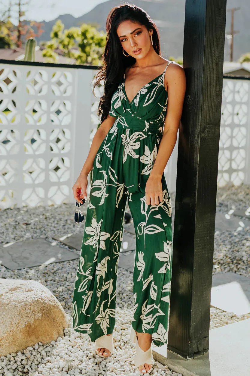 Lush Green Floral Jumpsuit with Leg Slit