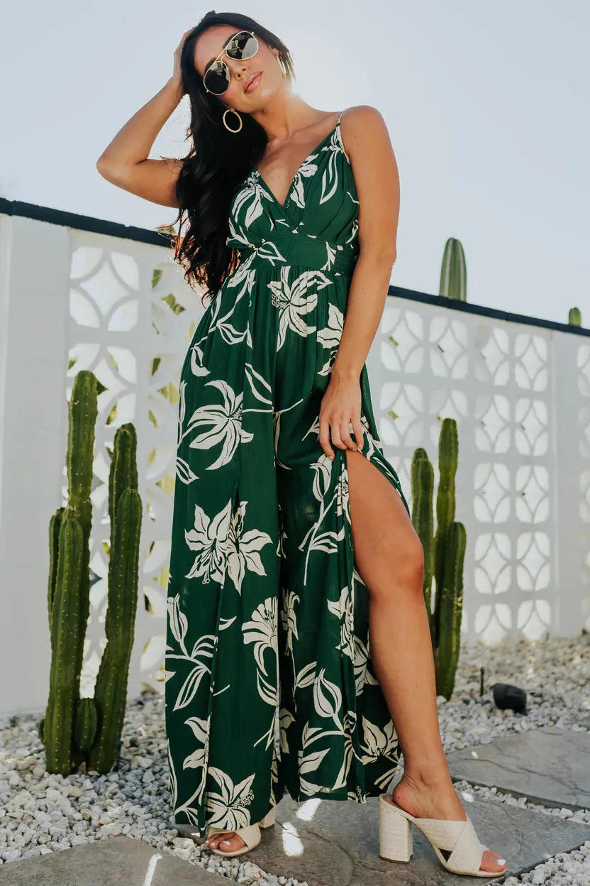 Lush Green Floral Jumpsuit with Leg Slit