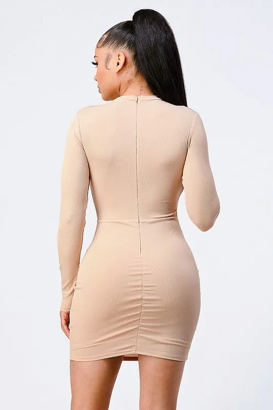 LUX KNIT RIB ASYMMETRICAL MOCK NECK BODYCON DRESS