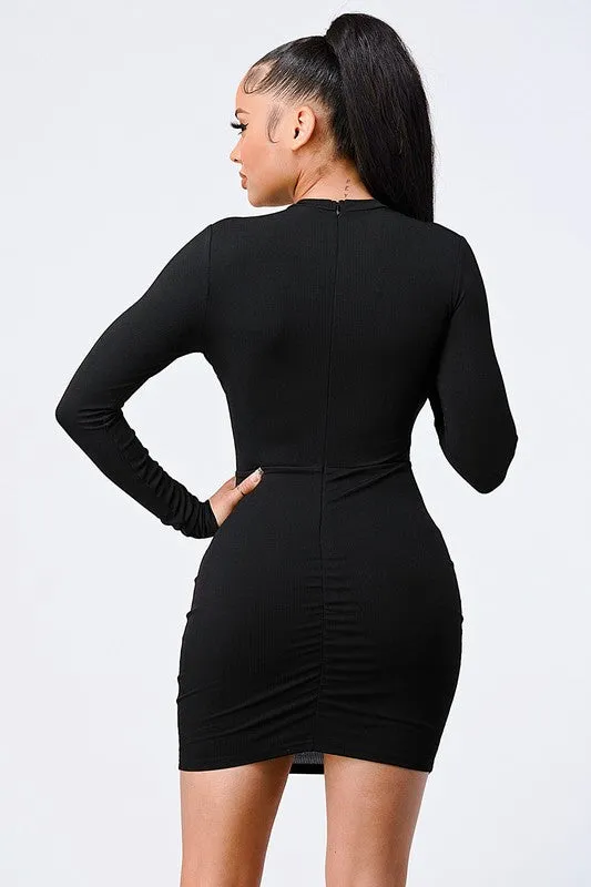 LUX KNIT RIB ASYMMETRICAL MOCK NECK BODYCON DRESS