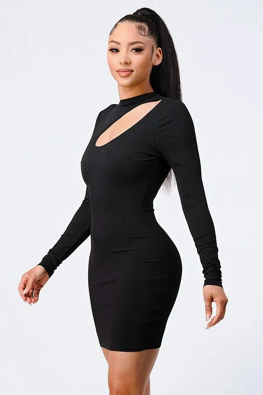 LUX KNIT RIB ASYMMETRICAL MOCK NECK BODYCON DRESS