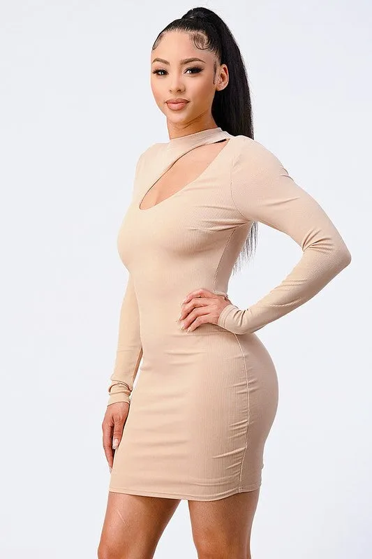 LUX KNIT RIB ASYMMETRICAL MOCK NECK BODYCON DRESS