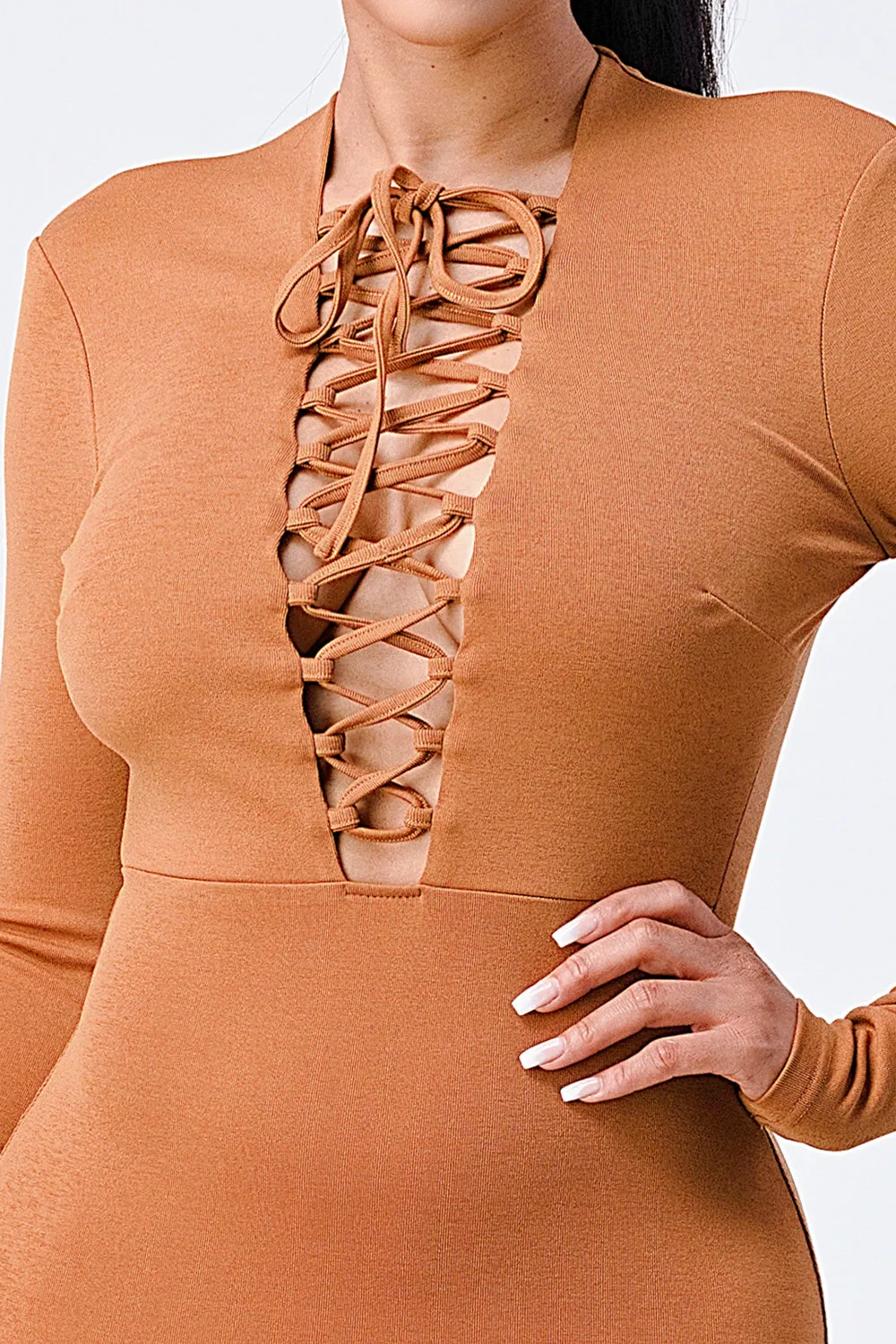 LUXE LACE UP LONG SLEEVE BODYCON DRESS