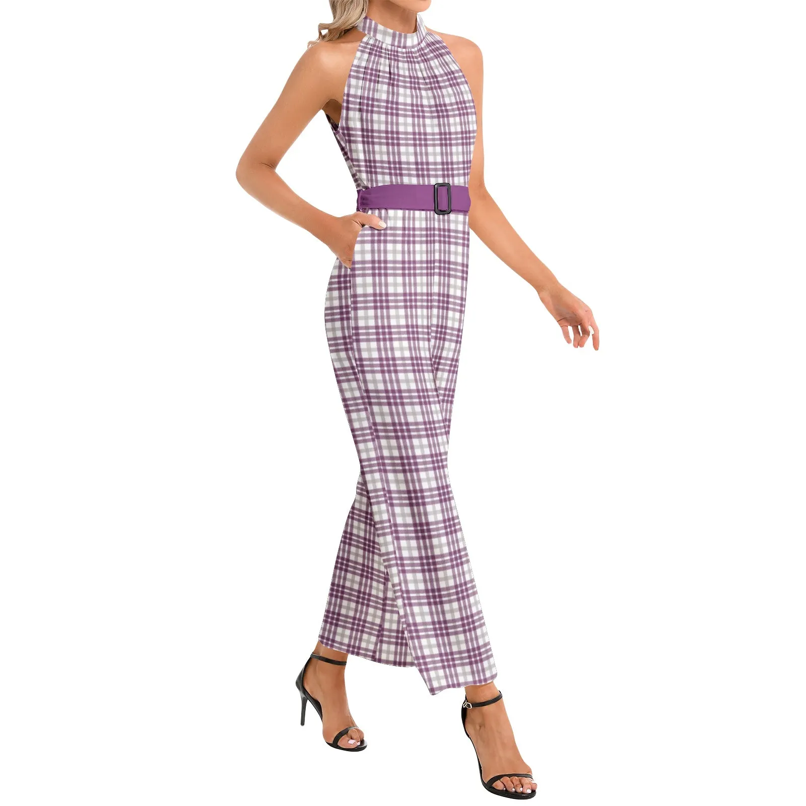 M Kemp Plaid Halter Neck Buckle Belted Jumpsuit