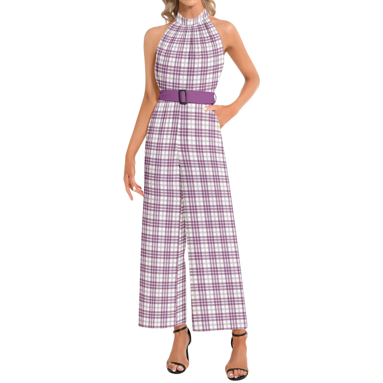 M Kemp Plaid Halter Neck Buckle Belted Jumpsuit