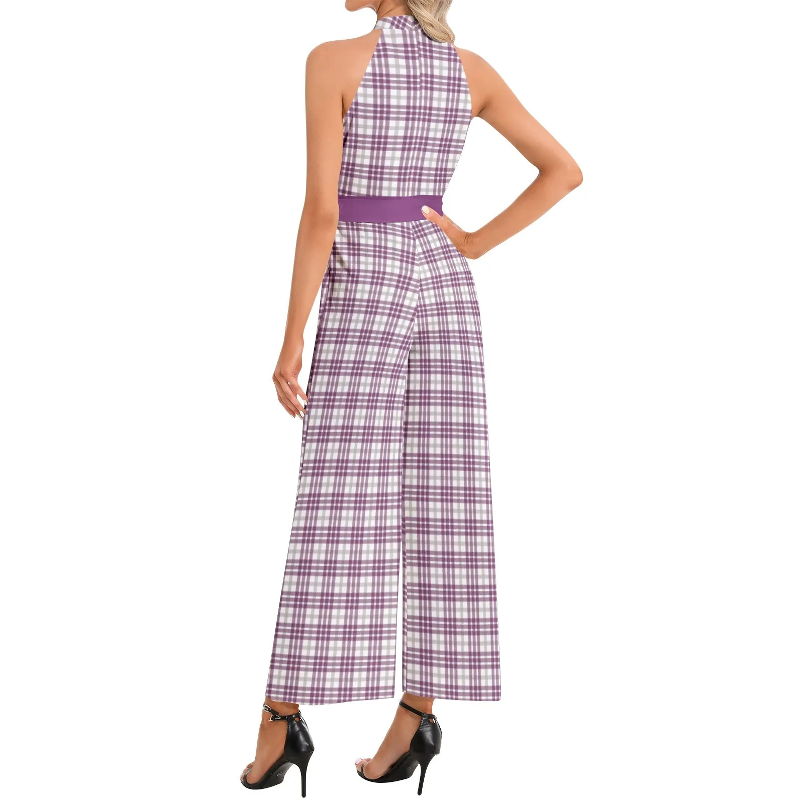 M Kemp Plaid Halter Neck Buckle Belted Jumpsuit