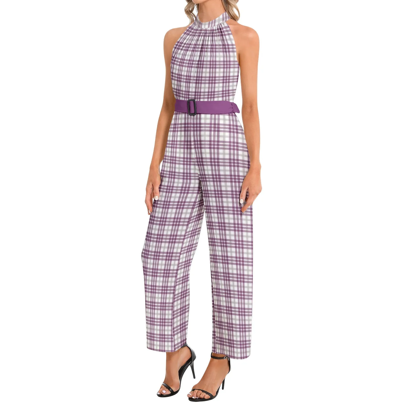 M Kemp Plaid Halter Neck Buckle Belted Jumpsuit