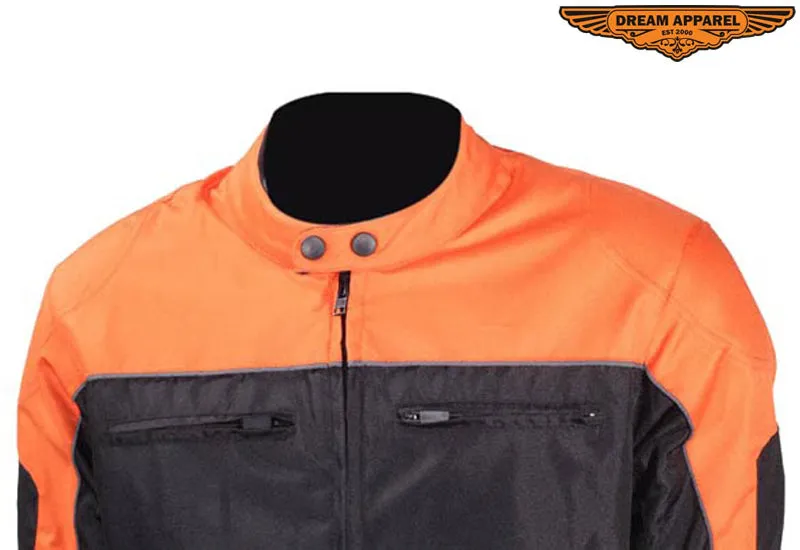 Mens Black and Orange Mesh and Nylon Motorcycle Jacket