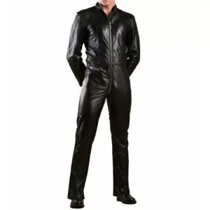 Mens Genuine Black Leather Bodysuit Jumpsuit