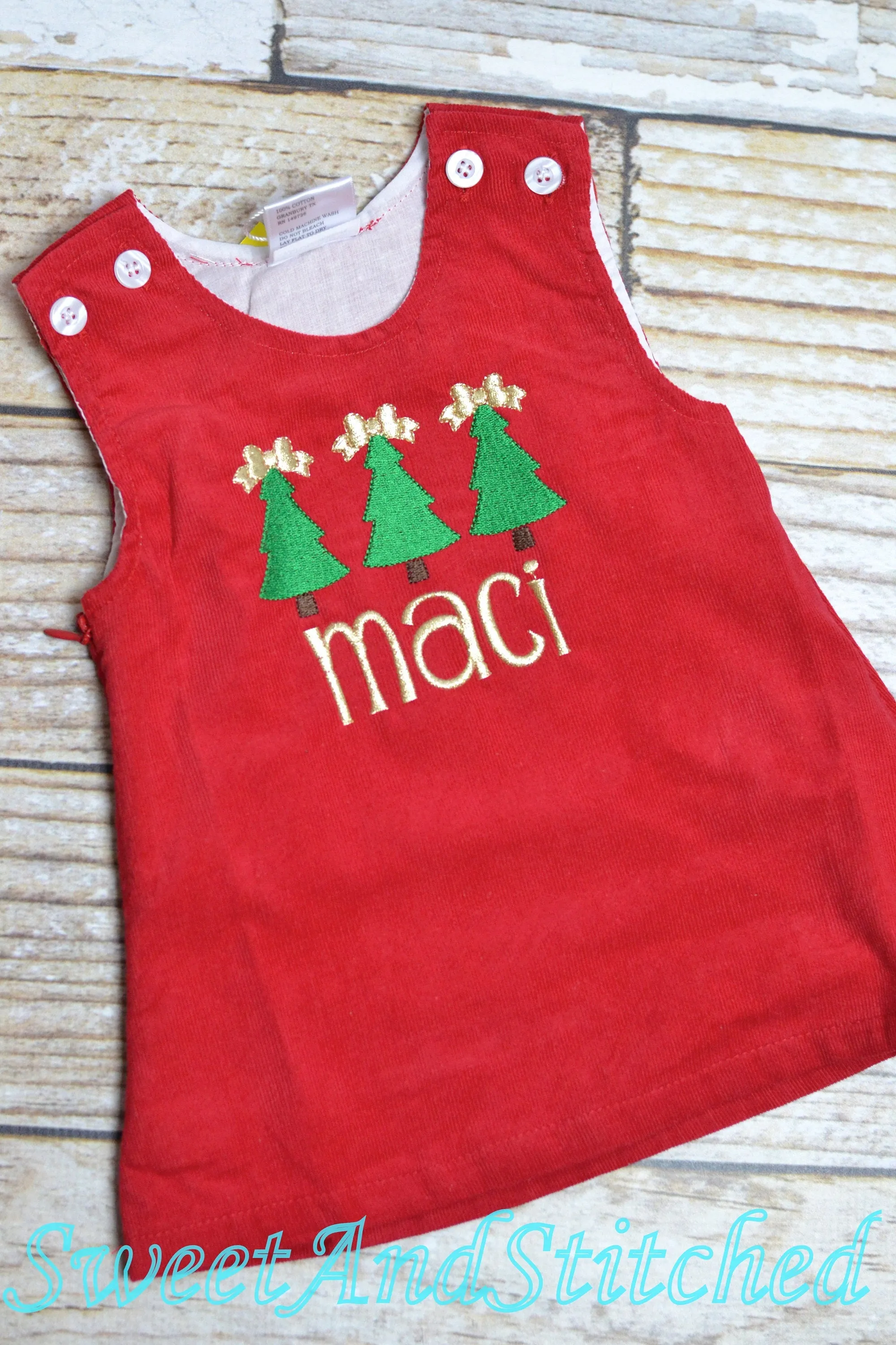 Monogrammed Christmas dress with holly design, Corduroy Christmas jumper dress