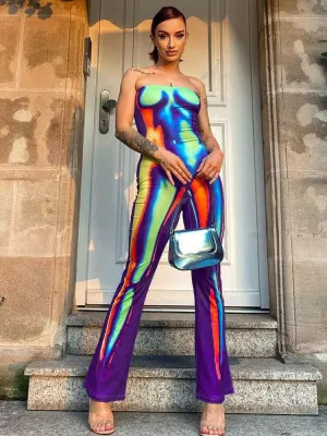 Multi-color printed slim fit butt lift jumpsuit