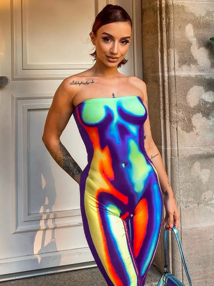 Multi-color printed slim fit butt lift jumpsuit