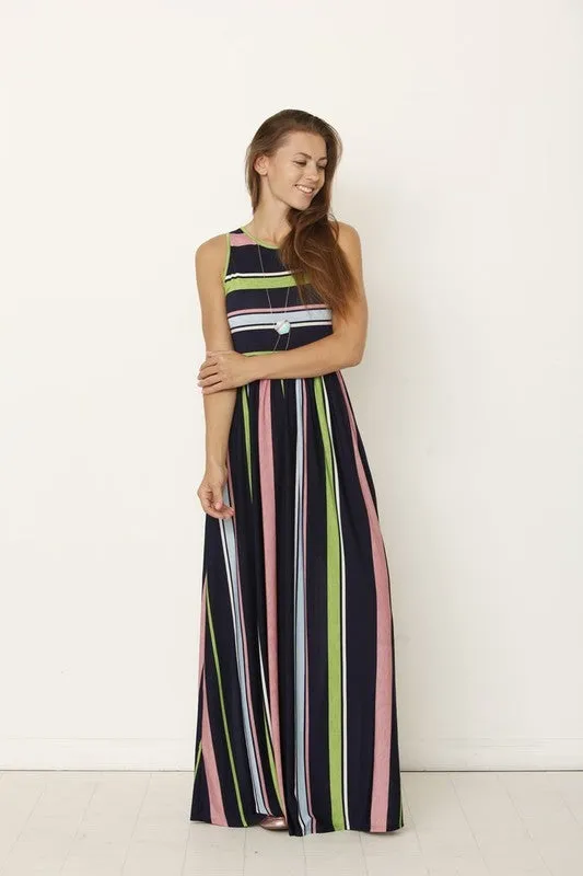 Multi color stripe maxi dress with hidden pocket