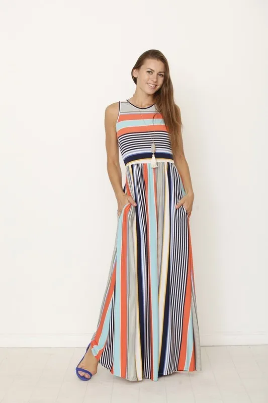 Multi color stripe maxi dress with hidden pocket