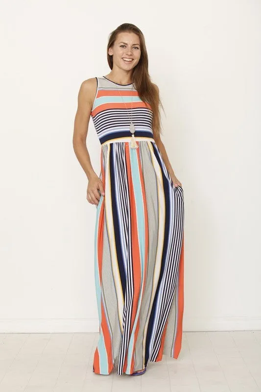 Multi color stripe maxi dress with hidden pocket