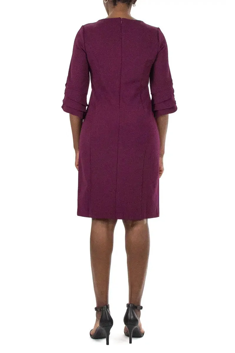 Nina Leonard crew neck tiered 3/4 sleeve bodycon zipper back solid stretch crepe dress