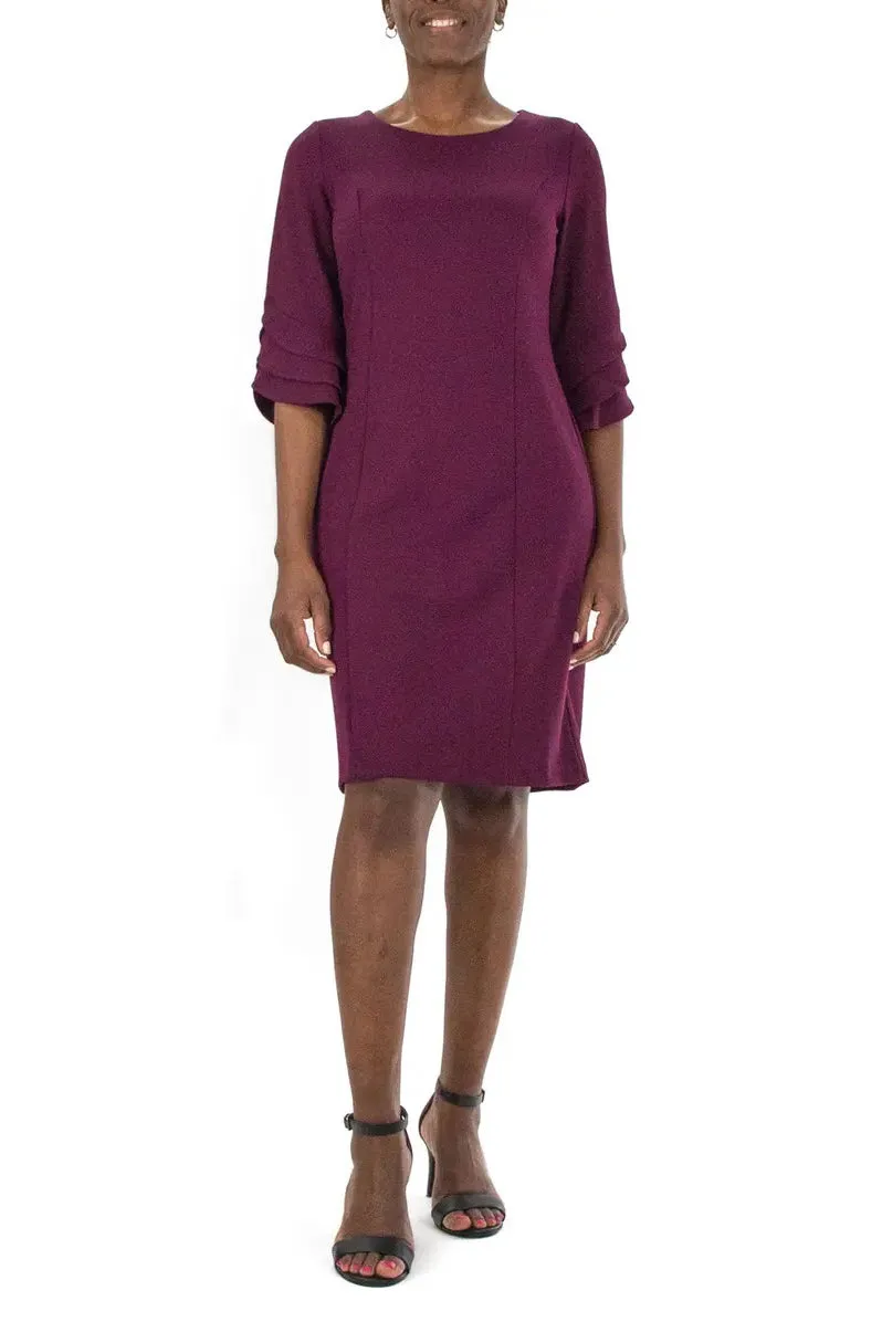 Nina Leonard crew neck tiered 3/4 sleeve bodycon zipper back solid stretch crepe dress