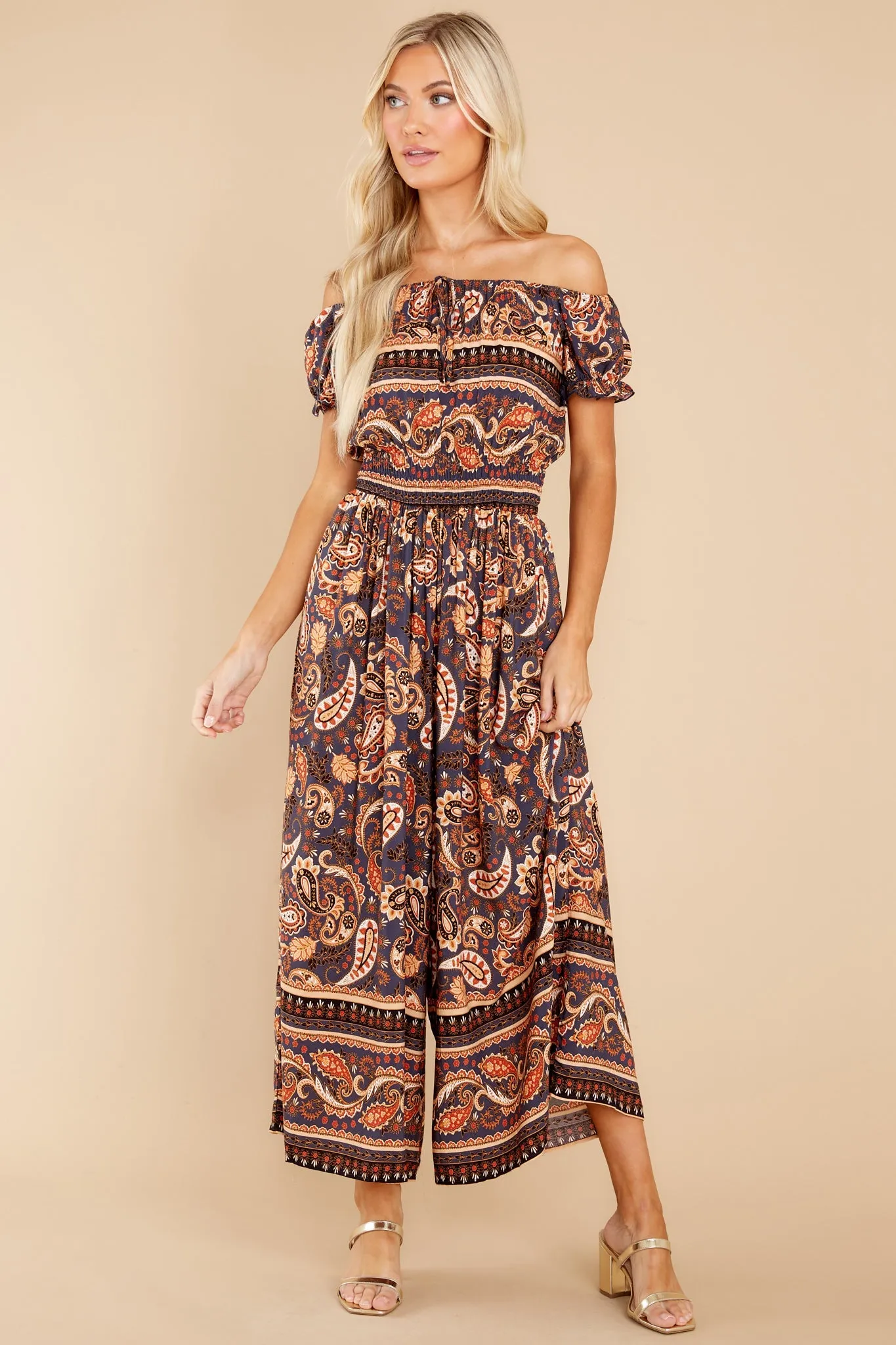 Nostalgic Vibes Indigo And Rust Print Jumpsuit