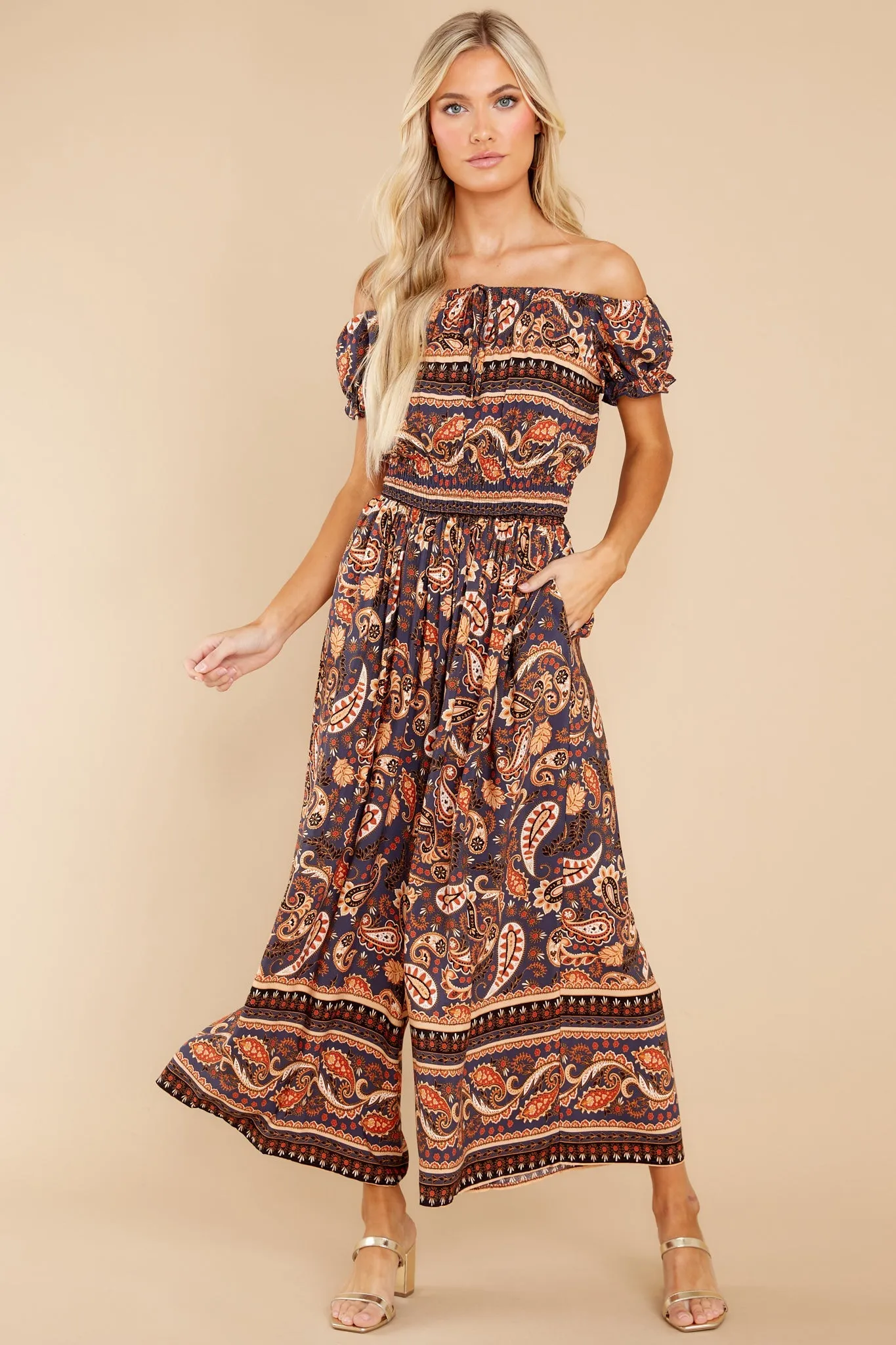 Nostalgic Vibes Indigo And Rust Print Jumpsuit