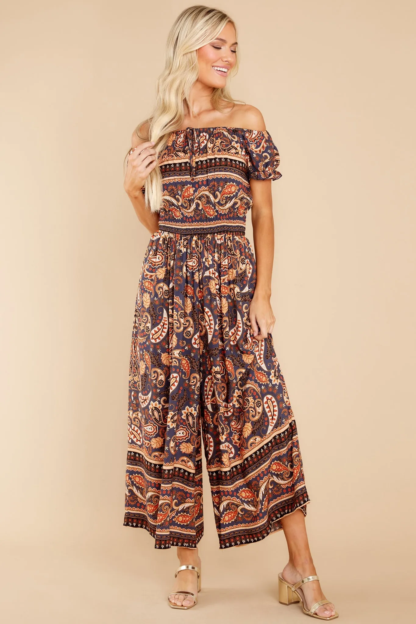 Nostalgic Vibes Indigo And Rust Print Jumpsuit