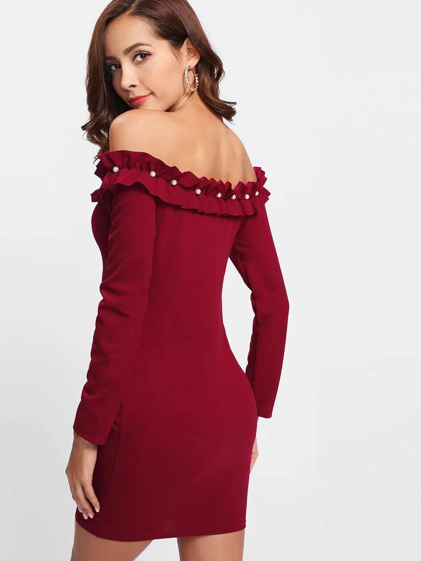 Off the shoulder ruffle pearl bodycon dress