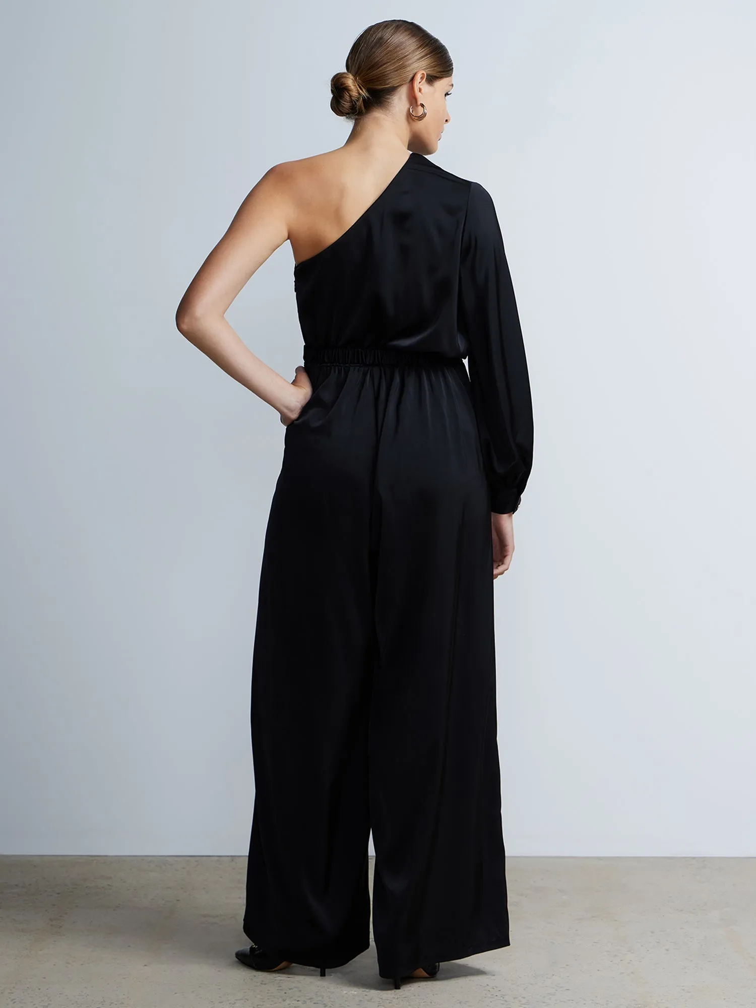 One Shoulder Wide Leg Belted Satin Jumpsuit