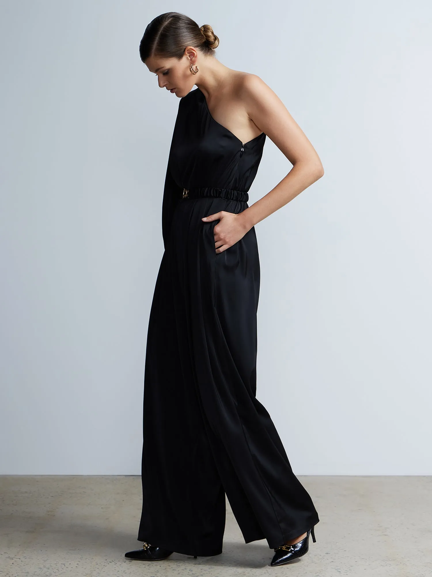 One Shoulder Wide Leg Belted Satin Jumpsuit