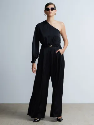 One Shoulder Wide Leg Belted Satin Jumpsuit