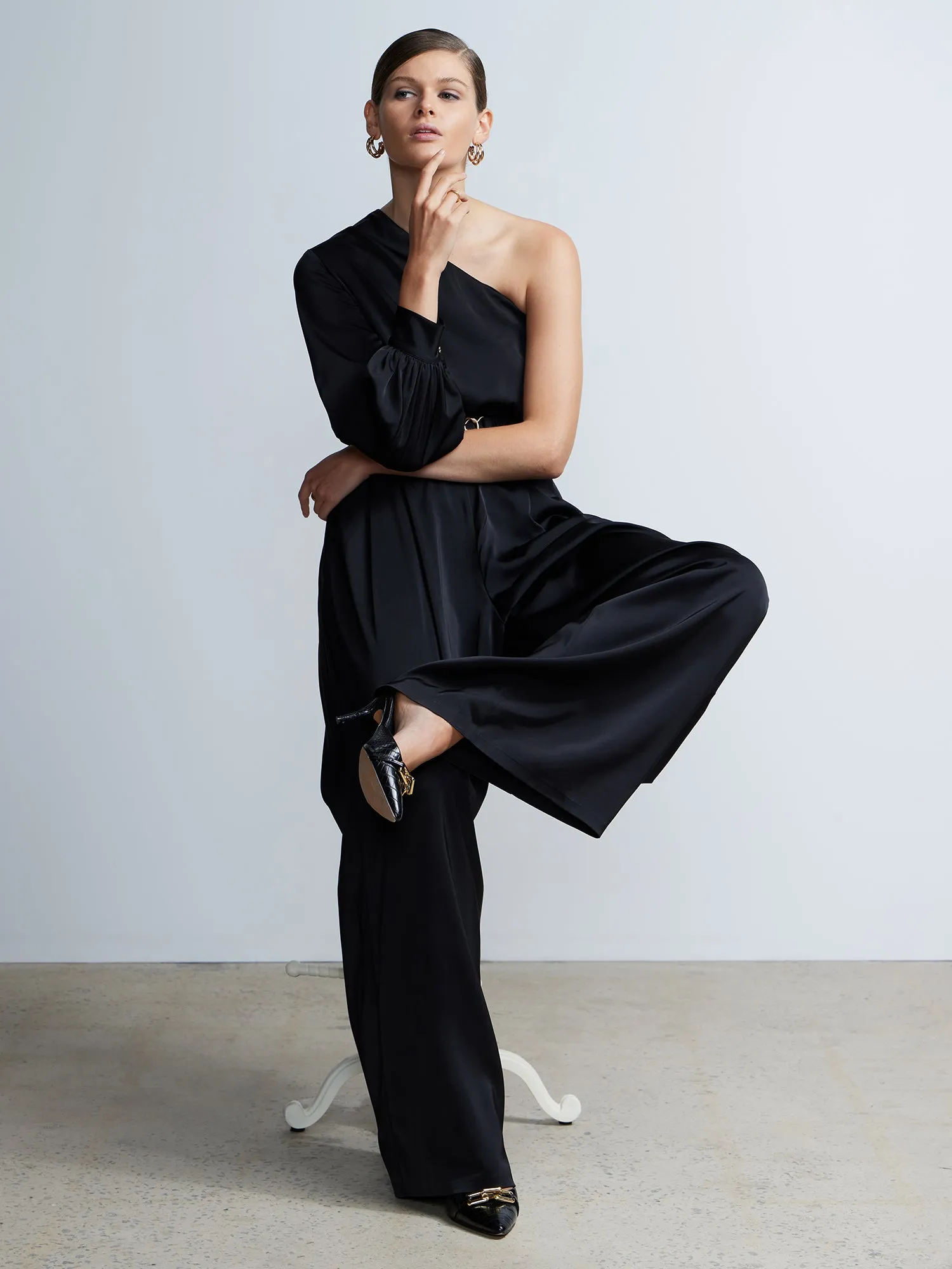 One Shoulder Wide Leg Belted Satin Jumpsuit