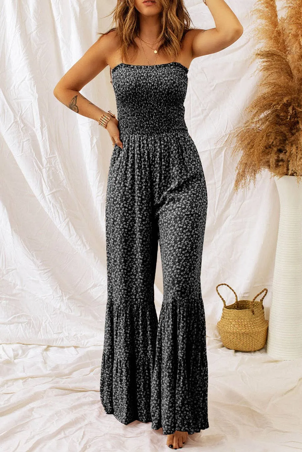 PB103 - Floral Smocked Wide Leg Jumpsuit