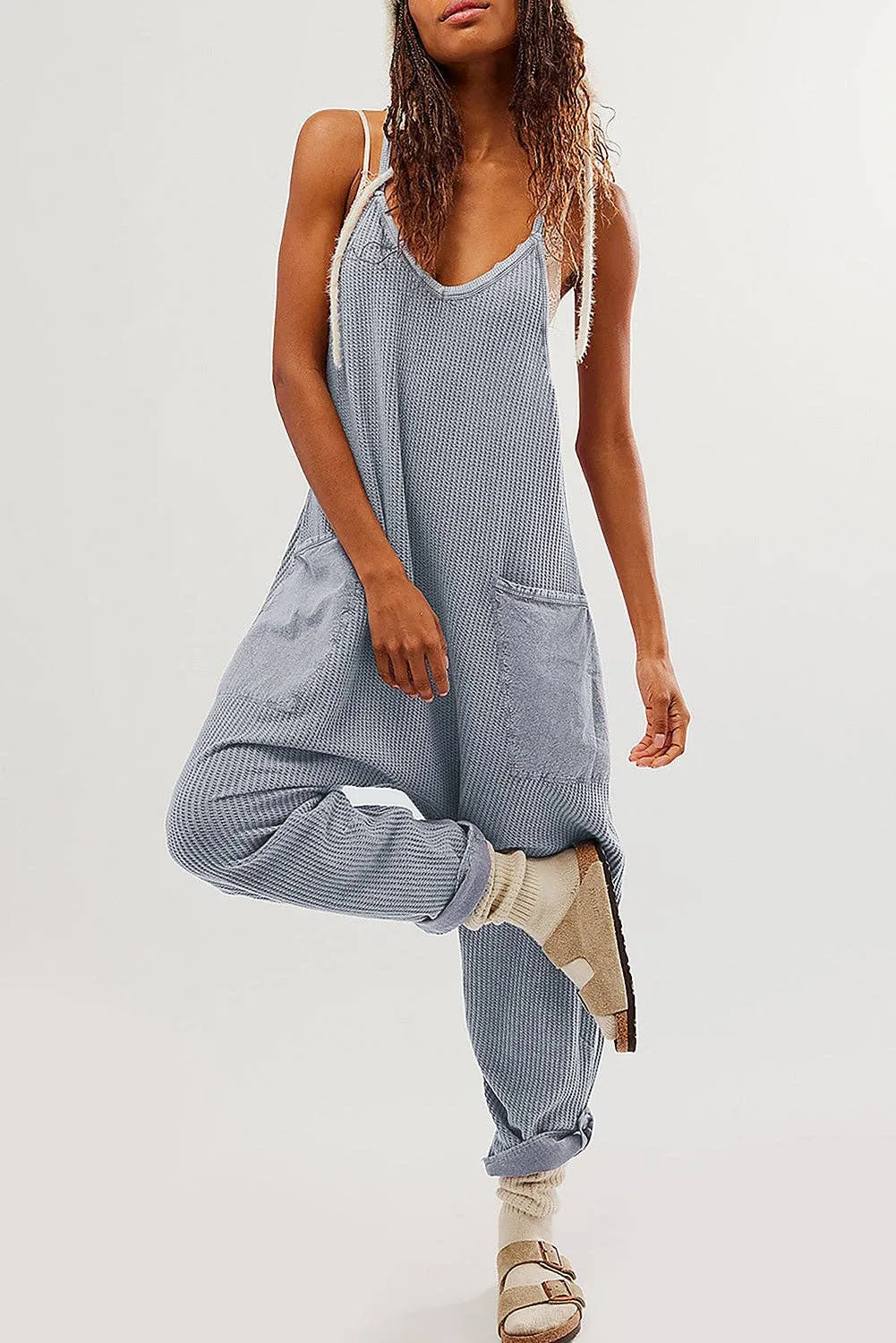 PB105 - Waffle Sleeveless Pocketed Jumpsuit