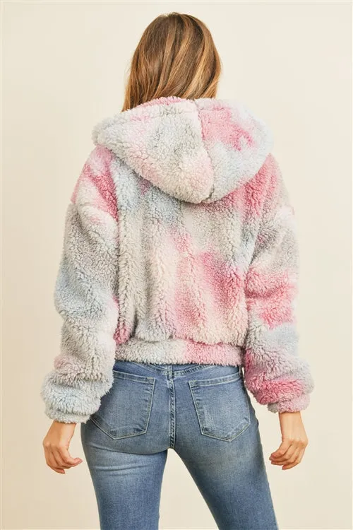 Pink and Gray Tie Dye Sherpa Jacket