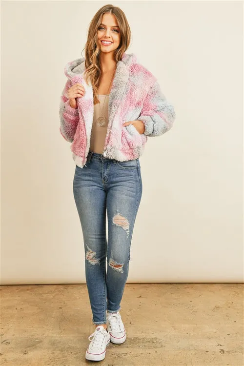 Pink and Gray Tie Dye Sherpa Jacket