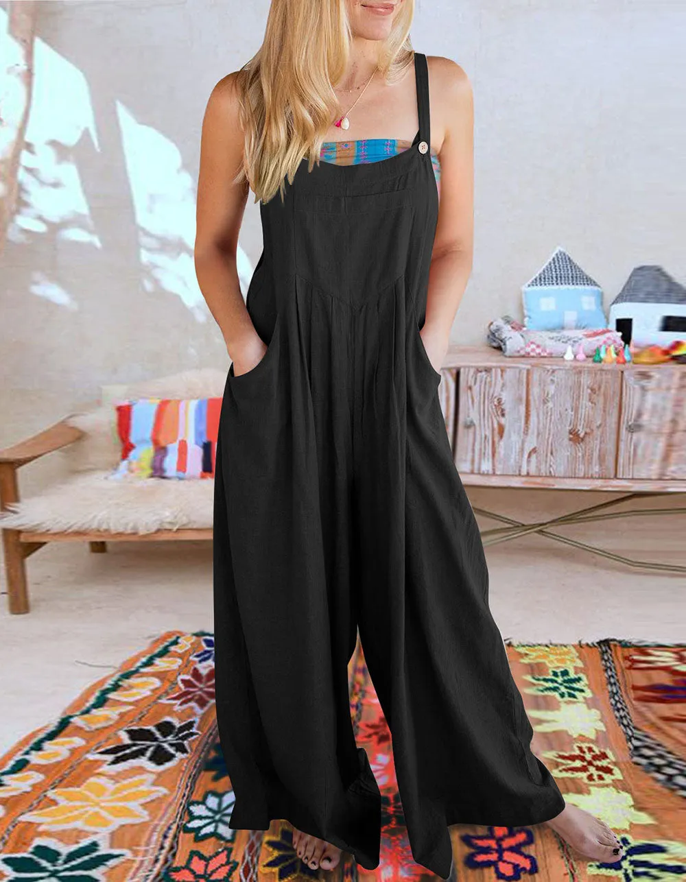 Plain Solid-color Strap Sleeveless Pocket Straight Jumpsuit