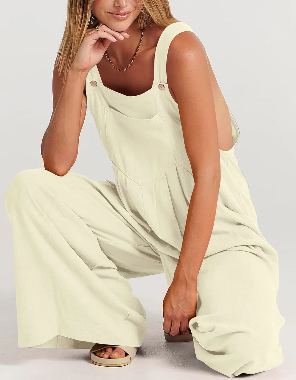 Plain Solid-color Strap Sleeveless Pocket Straight Jumpsuit