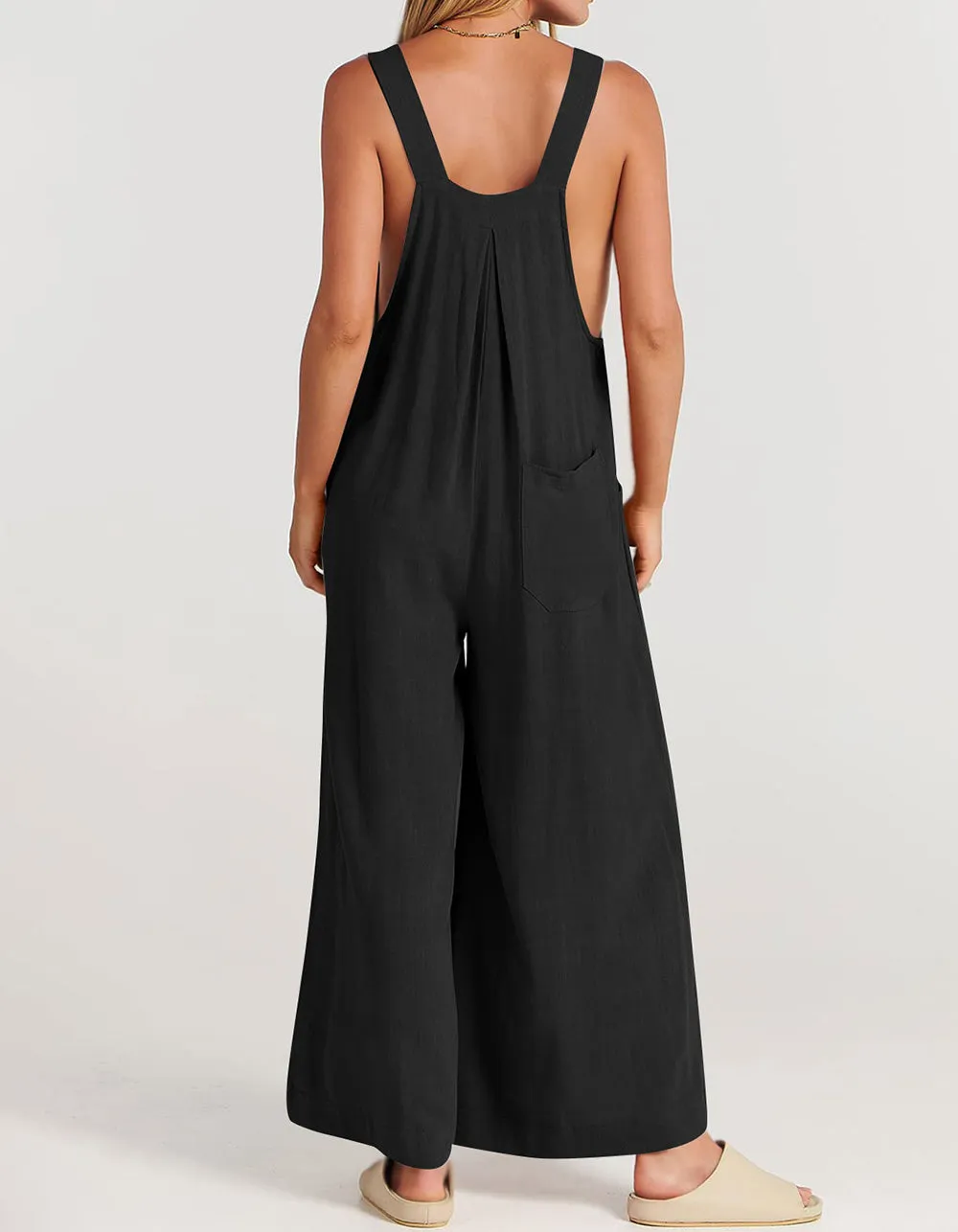 Plain Solid-color Strap Sleeveless Pocket Straight Jumpsuit