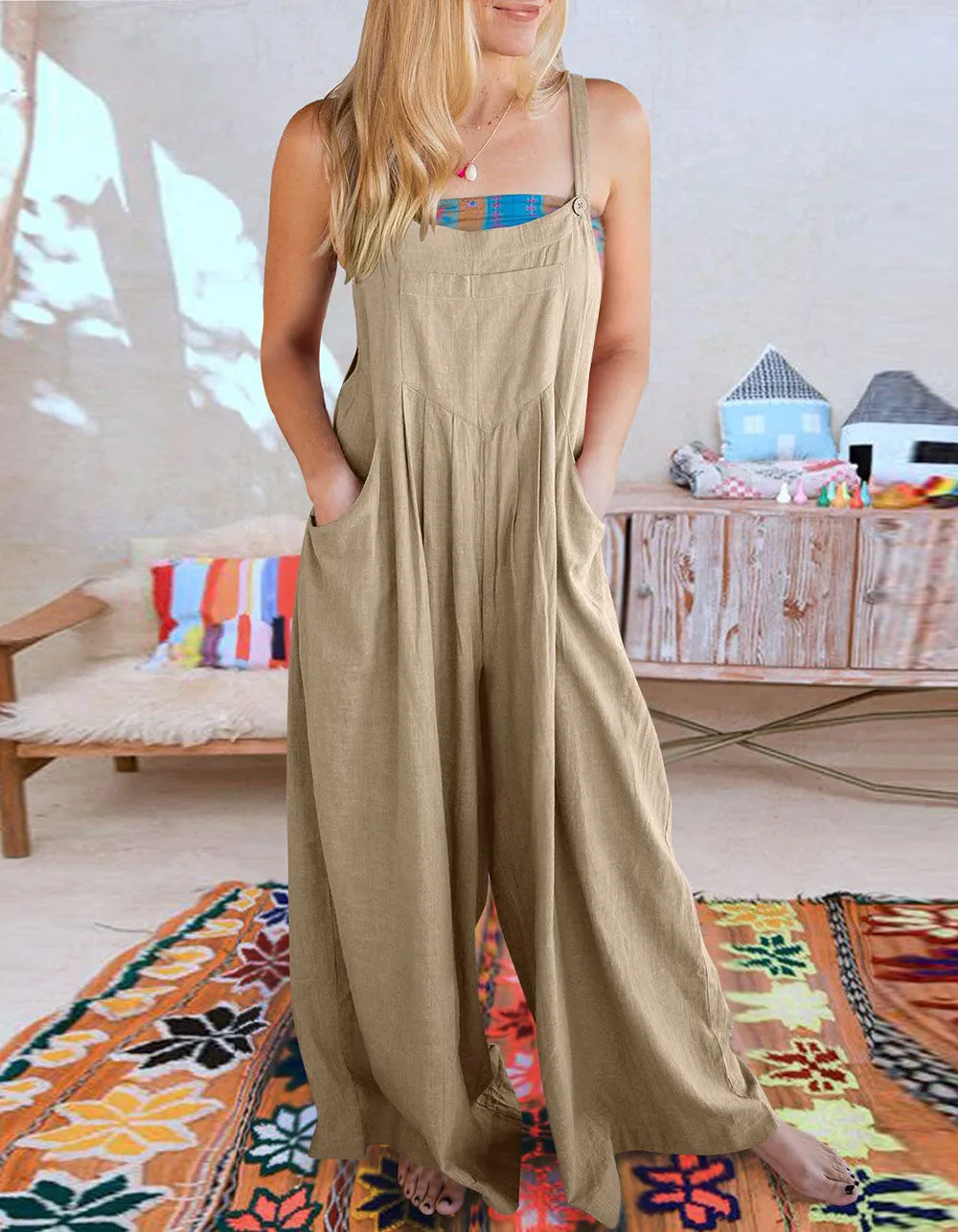 Plain Solid-color Strap Sleeveless Pocket Straight Jumpsuit