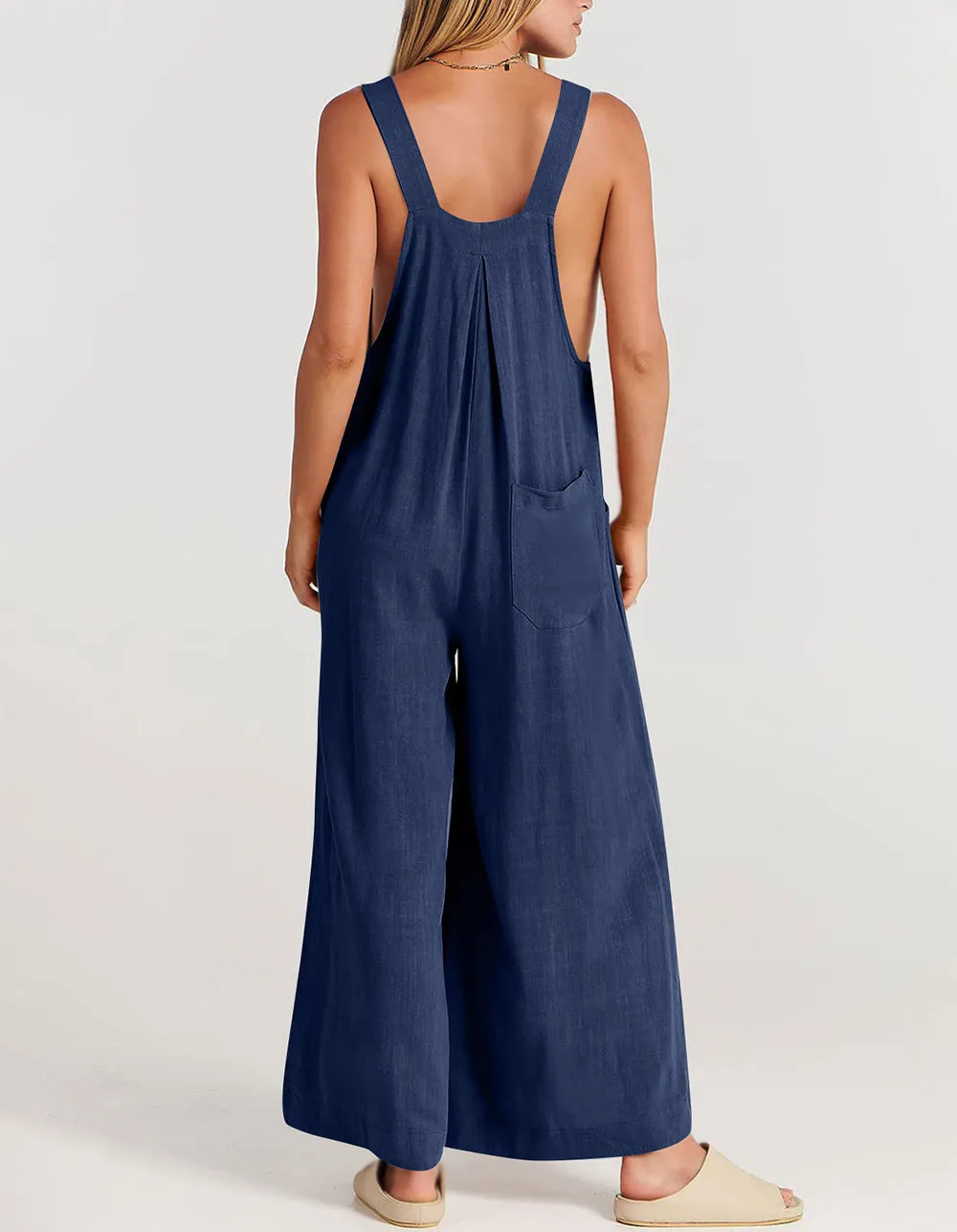 Plain Solid-color Strap Sleeveless Pocket Straight Jumpsuit