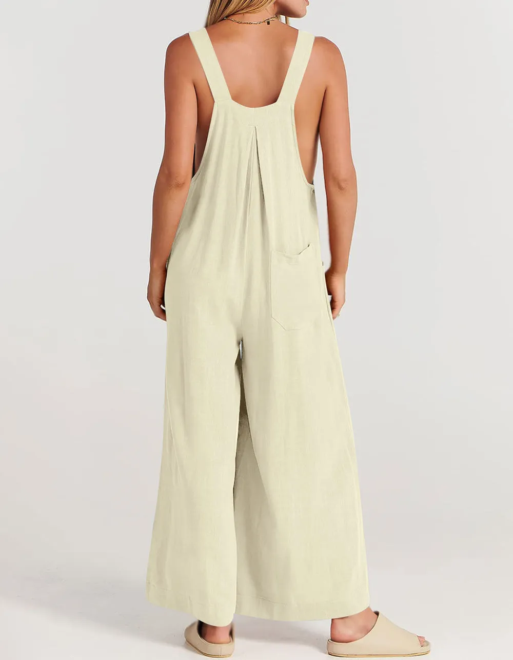 Plain Solid-color Strap Sleeveless Pocket Straight Jumpsuit