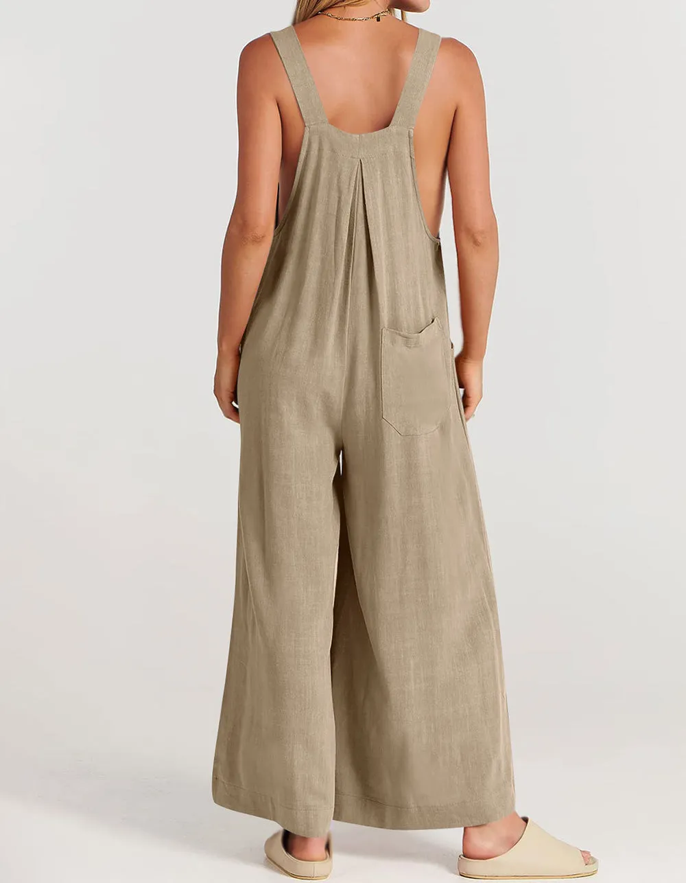 Plain Solid-color Strap Sleeveless Pocket Straight Jumpsuit